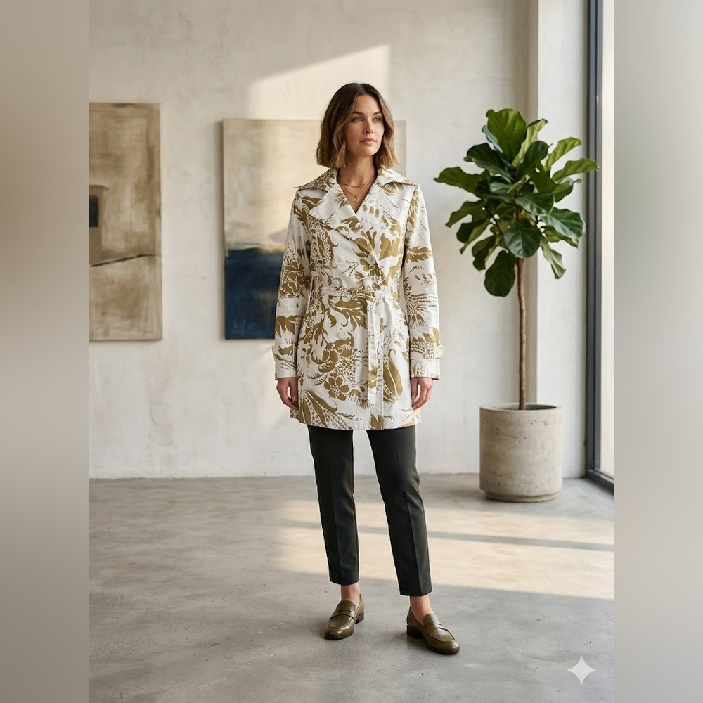 CAbi XS Floral Trench Coat Jacket Minimalist Chic Cotton Linen Neutral Cream Tan - Picture 2 of 13